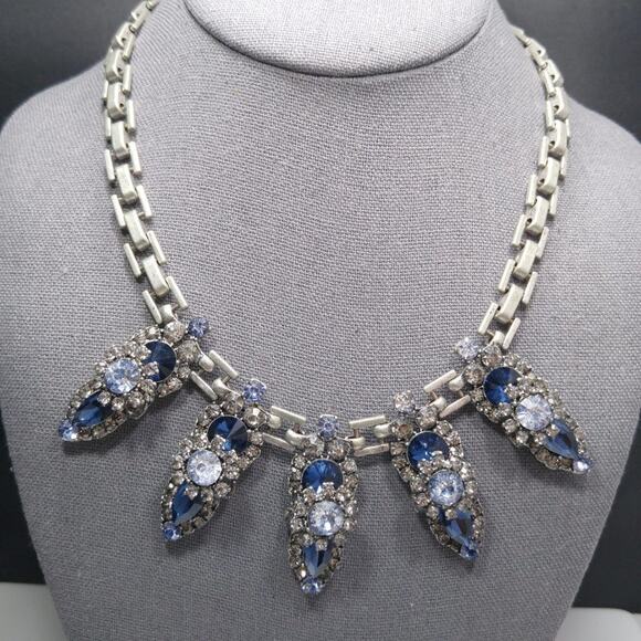 Vintage Blue Five Pendant Floral Statement Necklace, Rivoli Rhinestones, 20 Inch - Picture 6 of 8